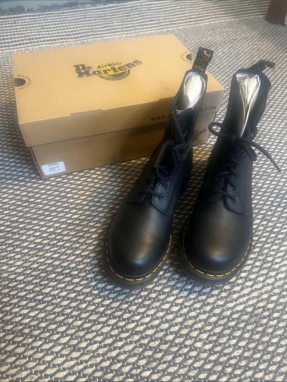 Dr. Martens Black Leather Lace-Up Boots with Yellow Stitching 8/39